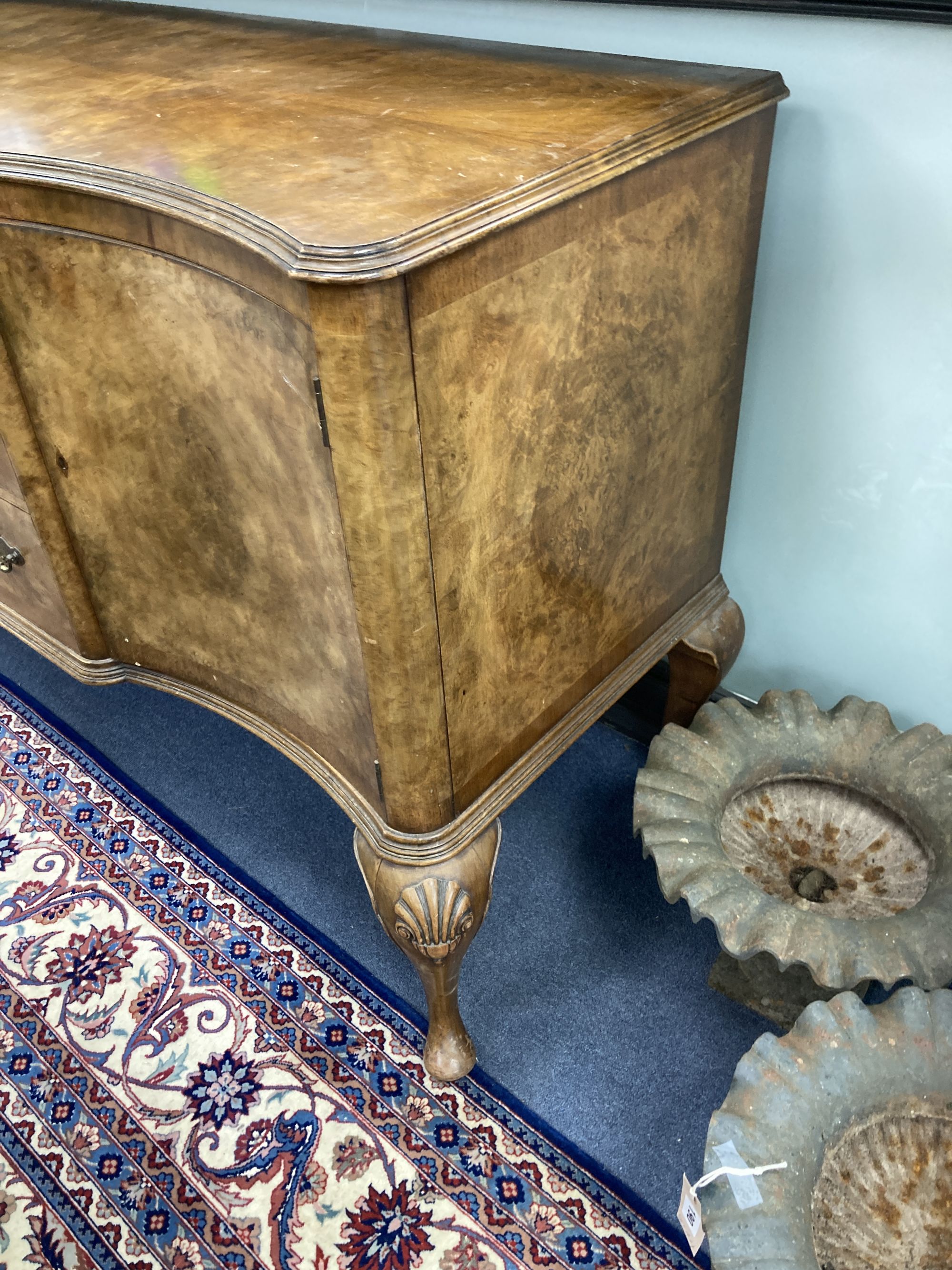 A Queen Anne revival walnut sideboard, length 150cm, depth 59cm, height 92cm